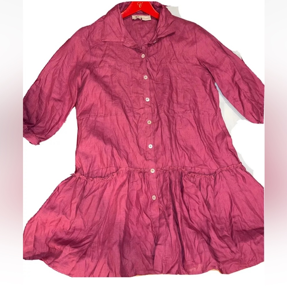 PINK Linen DRESS Button front Flared Ruffle Hem Oversized Minimal Beach boho S M
